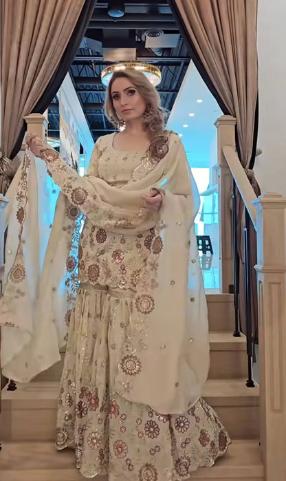 LadyVastara Designer Heavy Chinnon Silk Sequin Embroidered Sharara Palazzo Set with Dupatta