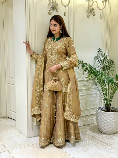 Women's Pure NC Moss Silk Embroidered Kurta Palazzo Set with Dupatta