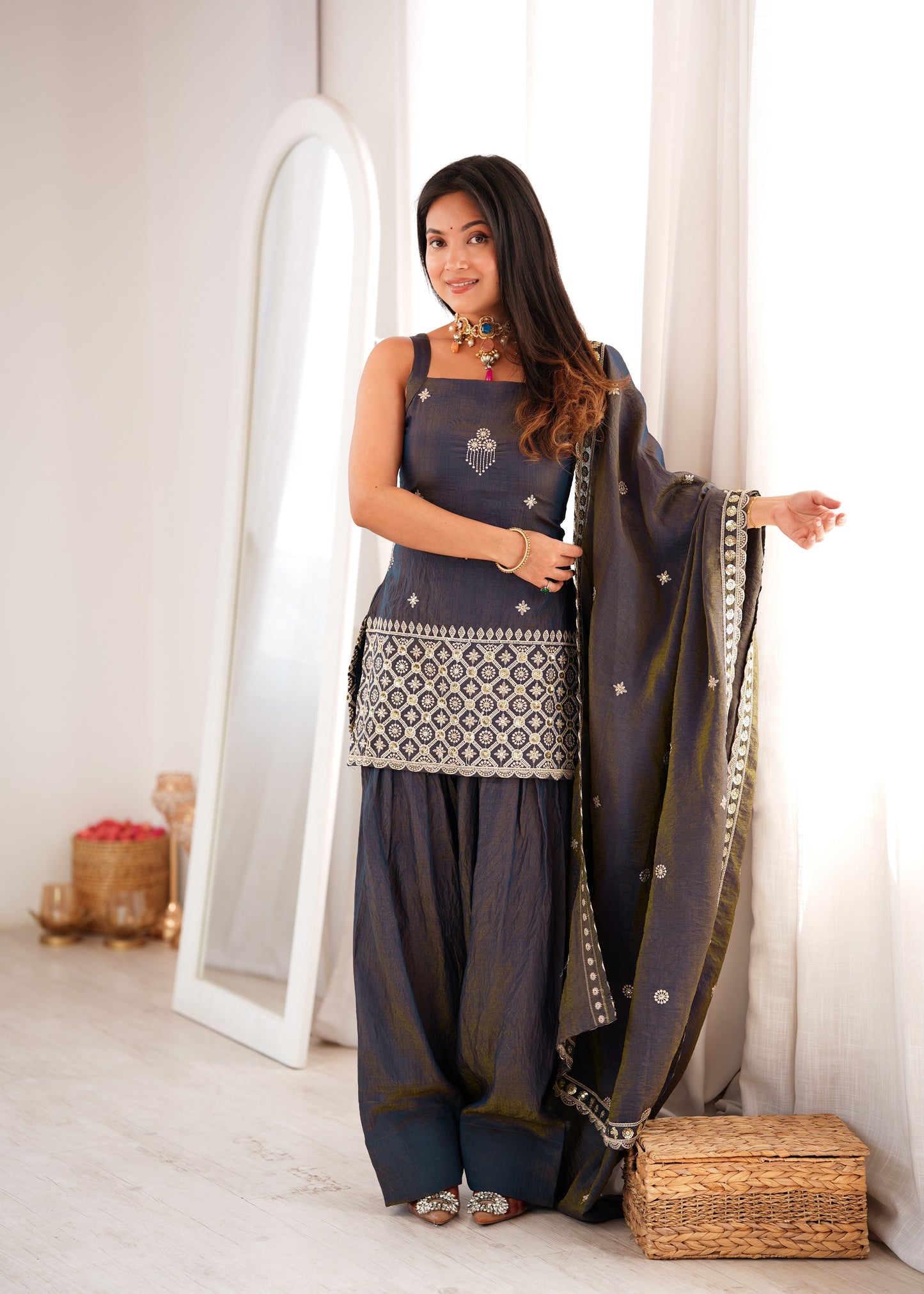 LadyVastara Premium Ethnic NC Vichitra Silk Kurta Farshi Shalwar Set