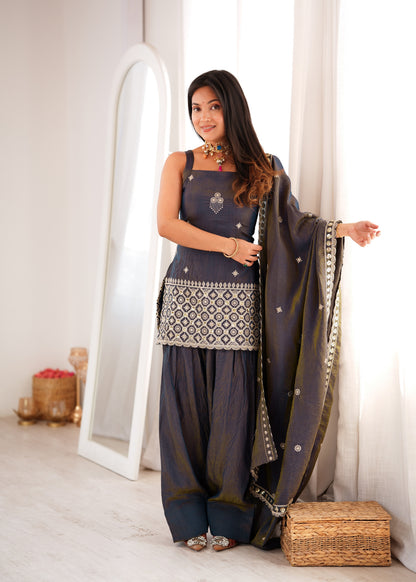 LadyVastara Premium Ethnic NC Vichitra Silk Kurta Farshi Shalwar Set
