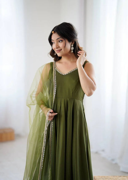 LadyVastara Premium Chanderi RomanSilk Anarkali with Soft Net Dupatta & Fancy Lace Work