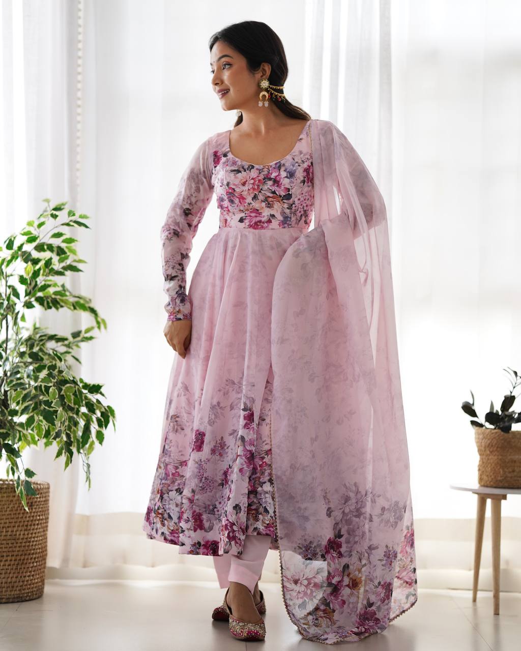 LadyVastara Pure Soft Organza Silk Fully Flared Kali Cut Anarkali Suit Set with Dupatta & Pant