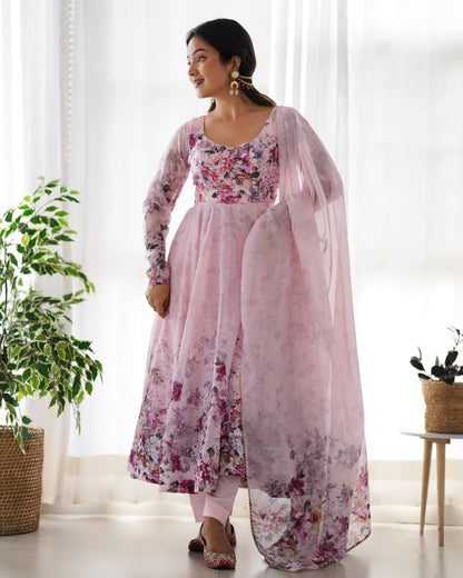 LadyVastara Pure Soft Organza Silk Fully Flared Kali Cut Anarkali Suit Set with Dupatta & Pant