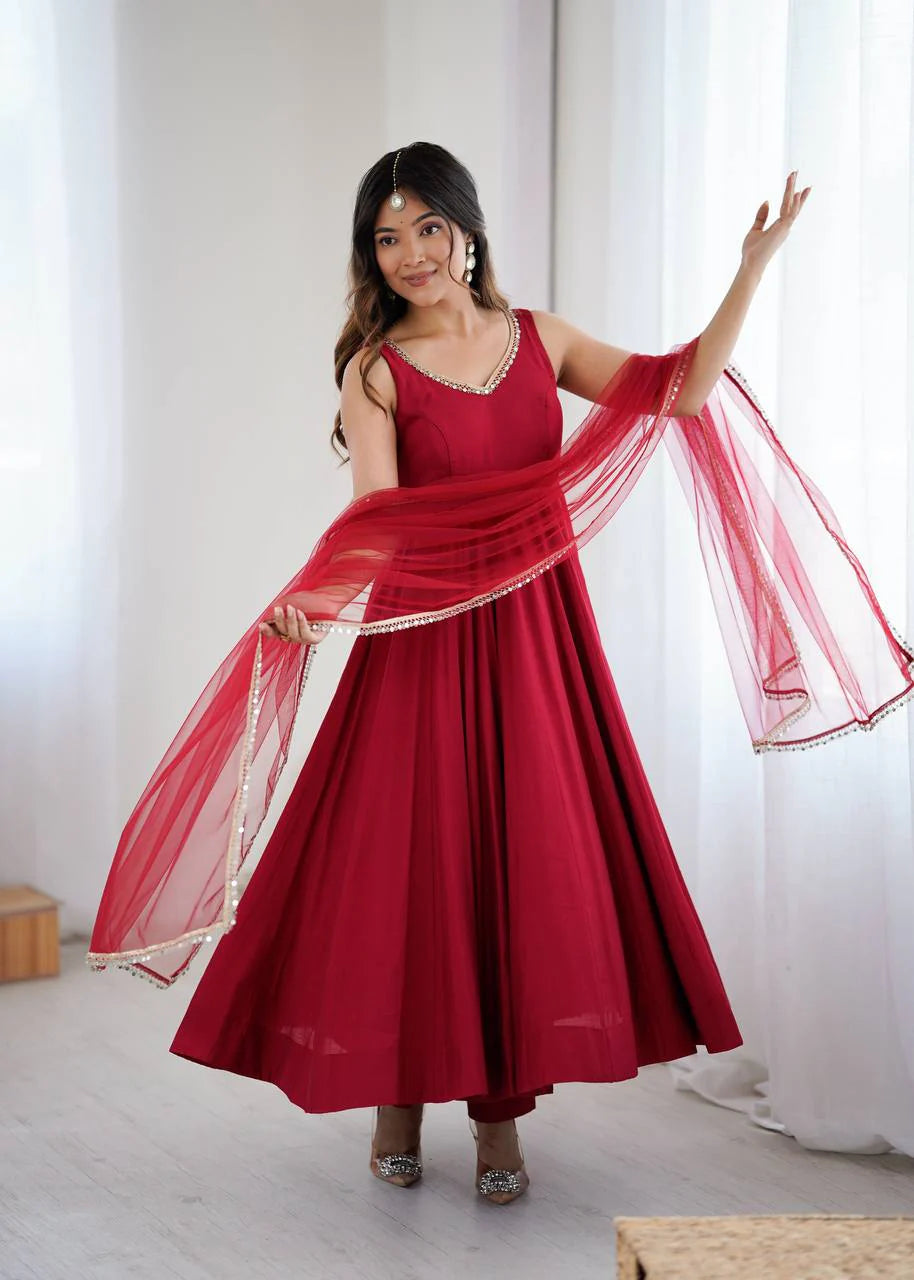 LadyVastara Premium Chanderi RomanSilk Anarkali with Soft Net Dupatta & Fancy Lace Work