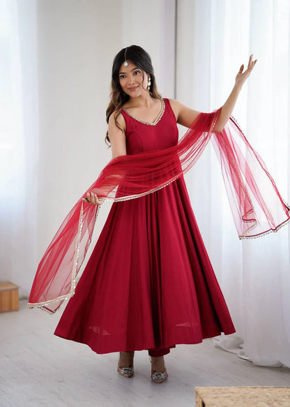 LadyVastara Premium Chanderi RomanSilk Anarkali with Soft Net Dupatta & Fancy Lace Work