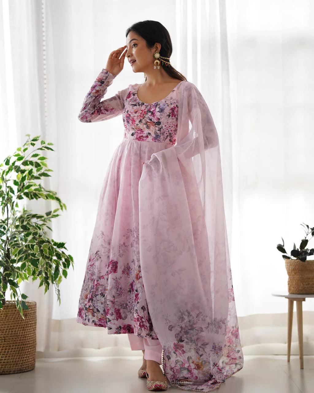 LadyVastara Pure Soft Organza Silk Fully Flared Kali Cut Anarkali Suit Set with Dupatta & Pant