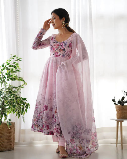 LadyVastara Pure Soft Organza Silk Fully Flared Kali Cut Anarkali Suit Set with Dupatta & Pant
