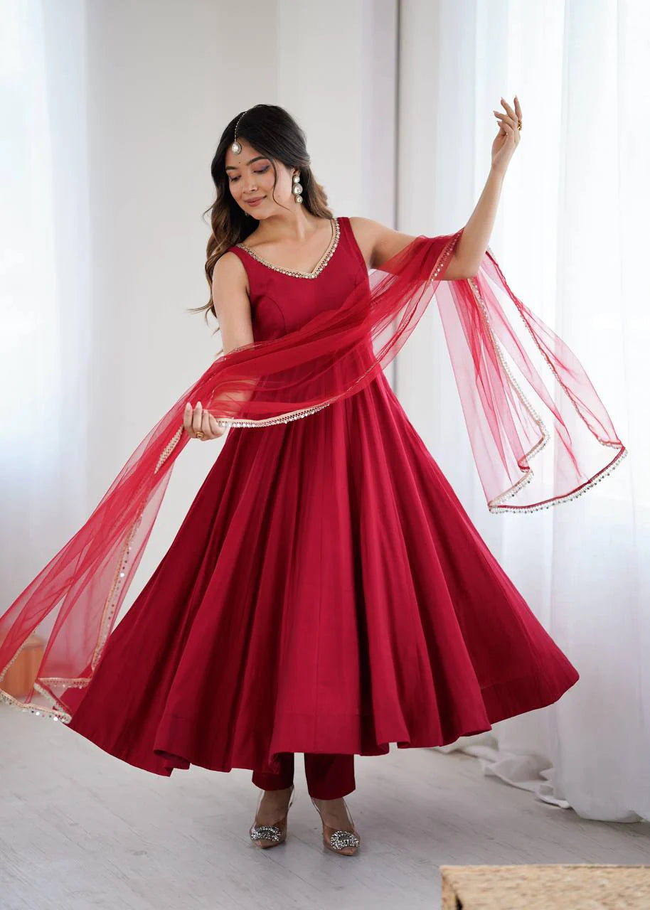 LadyVastara Premium Chanderi RomanSilk Anarkali with Soft Net Dupatta & Fancy Lace Work