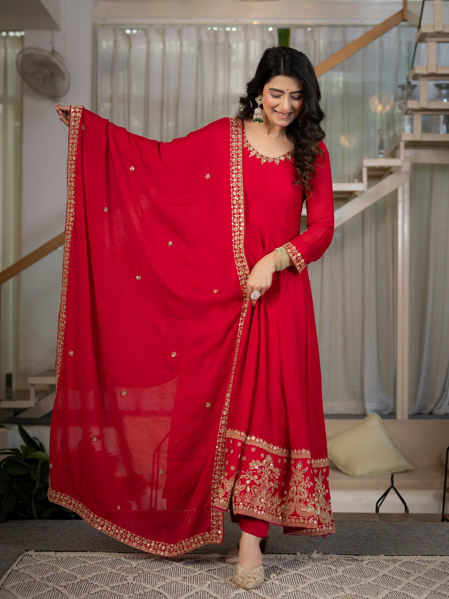 LadyVastara Heavy Rangoli Crush Embroidered Anarkali Suit Set with Pant & Dupatta
