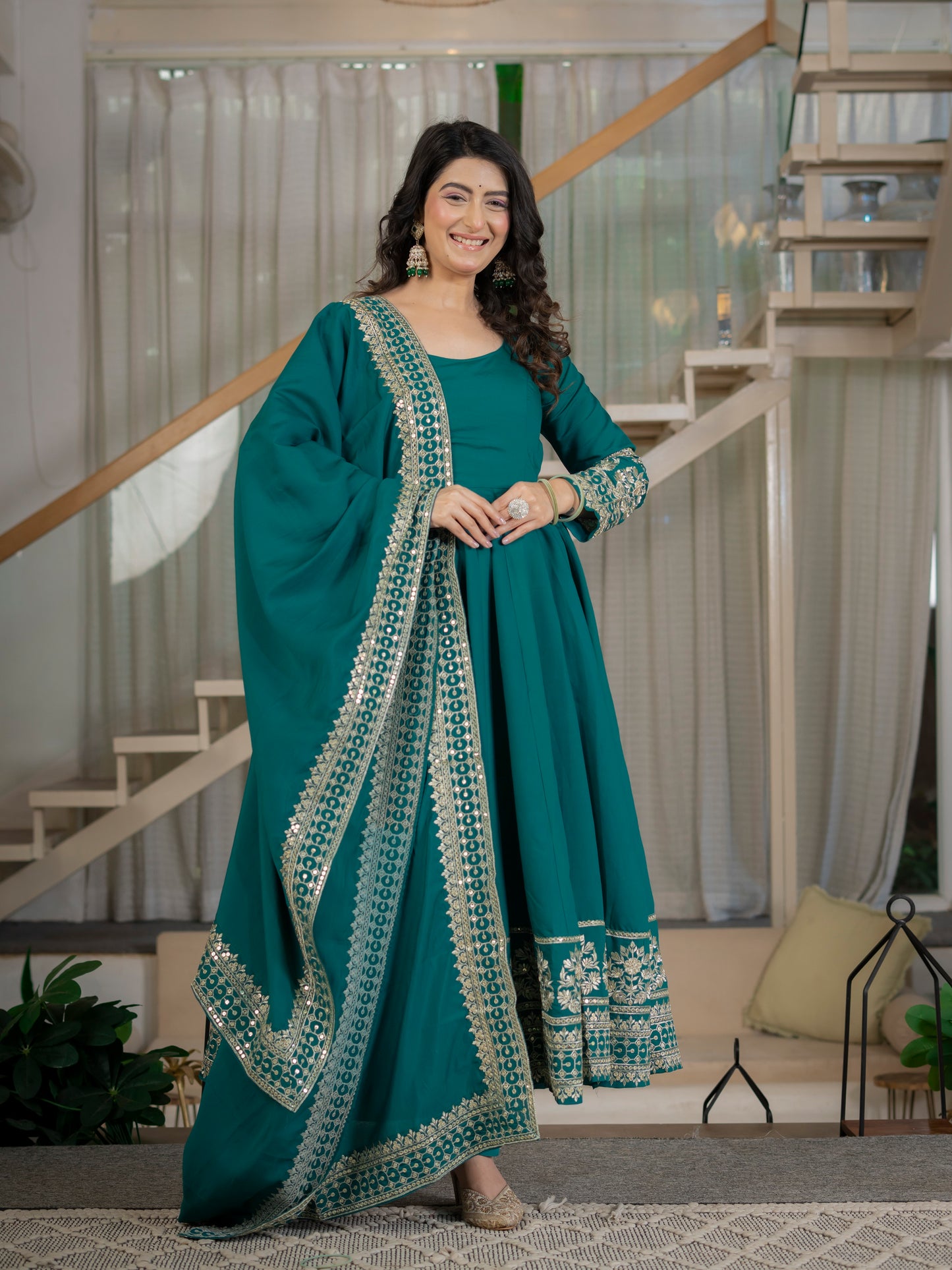 LadyVastara Heavy Roman Cotton Silk Embroidered Anarkali Suit Set with Pant & Dupatta