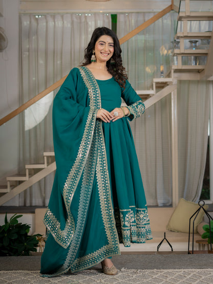 LadyVastara Heavy Roman Cotton Silk Embroidered Anarkali Suit Set with Pant & Dupatta