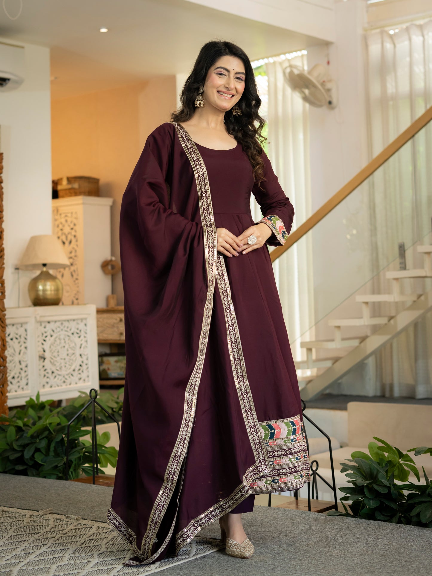 Designer Heavy Roman Silk Embroidered Anarkali Suit Set with Pant & Dupatta