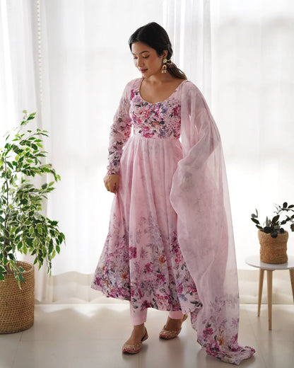LadyVastara Pure Soft Organza Silk Fully Flared Kali Cut Anarkali Suit Set with Dupatta & Pant