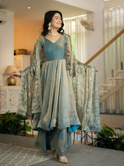Designer Heavy Fandy Silk Embroidered Anarkali Suit Set with Palazzo & Dupatta