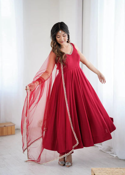 LadyVastara Premium Chanderi RomanSilk Anarkali with Soft Net Dupatta & Fancy Lace Work