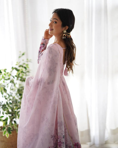 LadyVastara Pure Soft Organza Silk Fully Flared Kali Cut Anarkali Suit Set with Dupatta & Pant