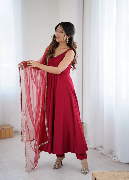 LadyVastara Premium Chanderi RomanSilk Anarkali with Soft Net Dupatta & Fancy Lace Work