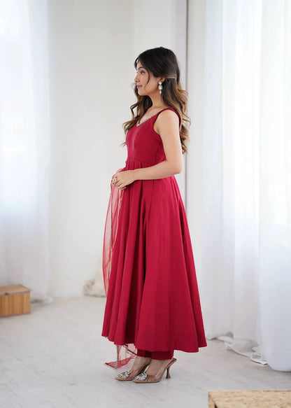 LadyVastara Premium Chanderi RomanSilk Anarkali with Soft Net Dupatta & Fancy Lace Work