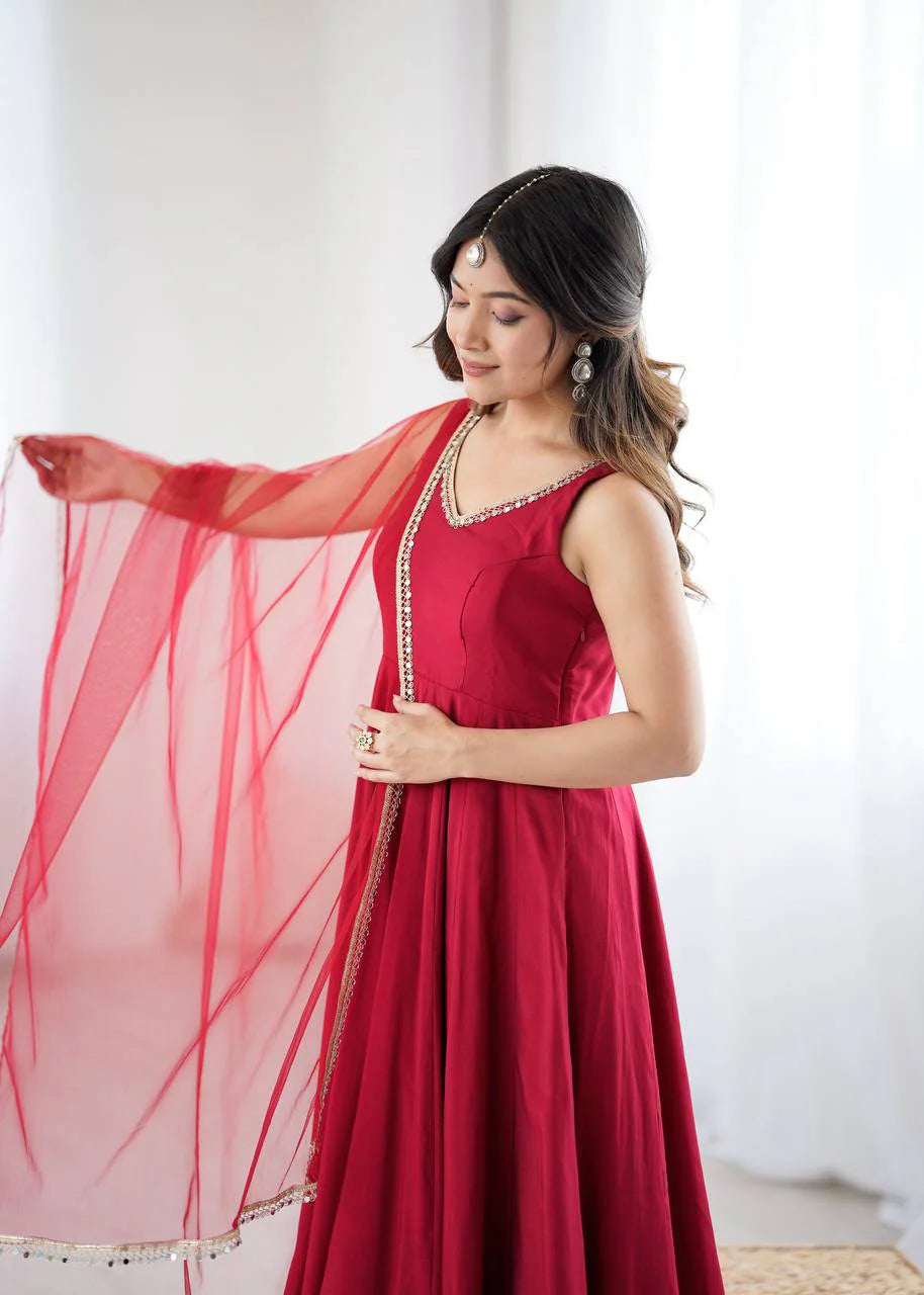 LadyVastara Premium Chanderi RomanSilk Anarkali with Soft Net Dupatta & Fancy Lace Work