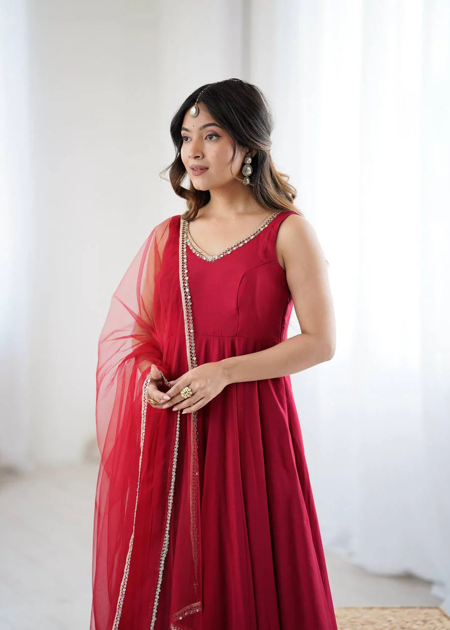 LadyVastara Premium Chanderi RomanSilk Anarkali with Soft Net Dupatta & Fancy Lace Work