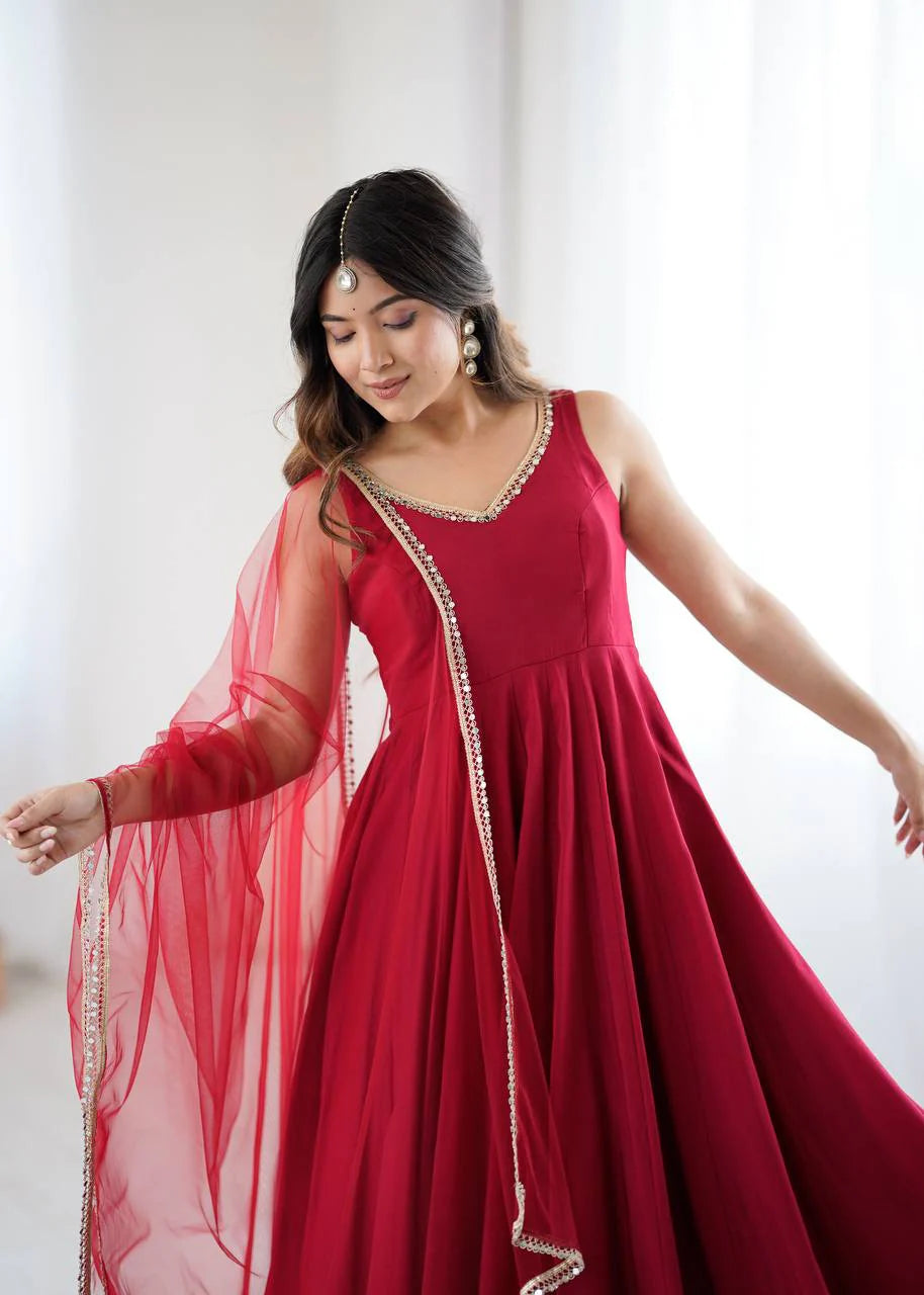LadyVastara Premium Chanderi RomanSilk Anarkali with Soft Net Dupatta & Fancy Lace Work