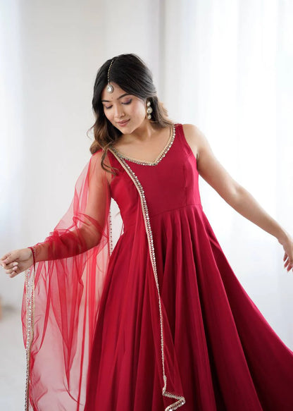 LadyVastara Premium Chanderi RomanSilk Anarkali with Soft Net Dupatta & Fancy Lace Work