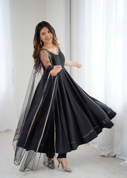 LadyVastara Premium Chanderi RomanSilk Anarkali with Soft Net Dupatta & Fancy Lace Work