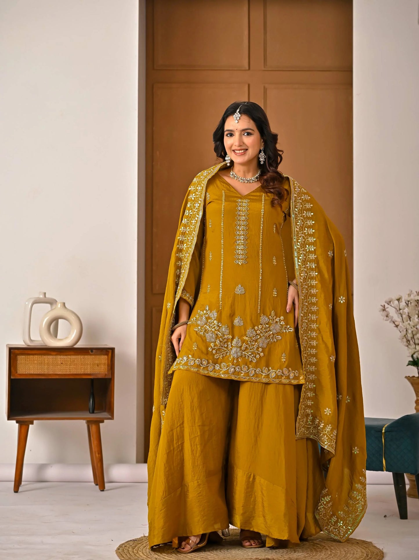 LadyVastara Women's Heavy NC Vichitra Embroidered Sharara Set with Dupatta