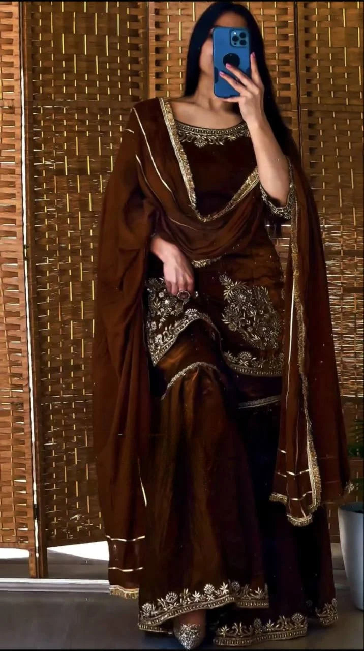 LadyVastara Designer Natural Crepe Embroidered Top Sharara Palazzo Set with Dupatta