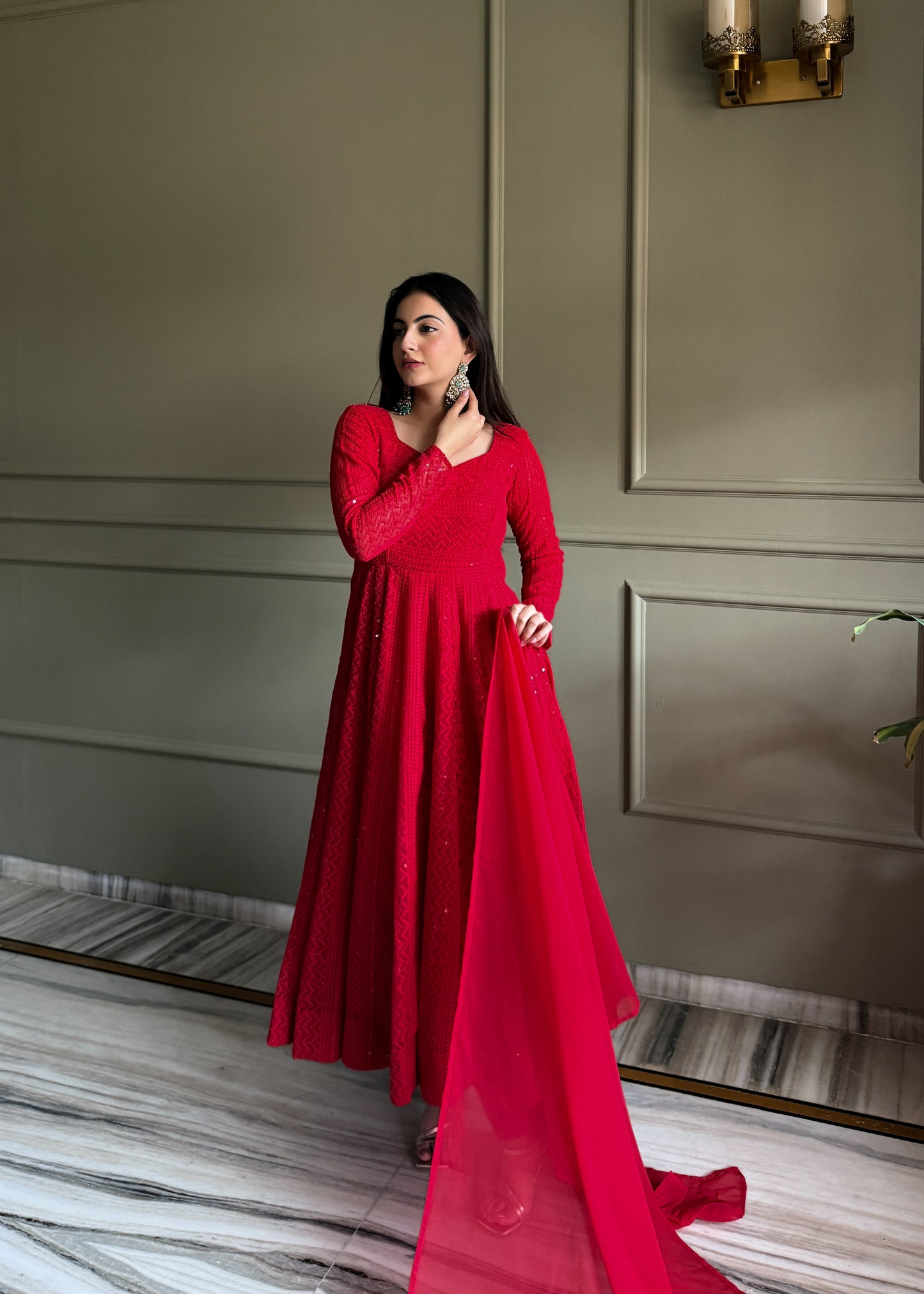 LadyVastara Heavy Fox Georgette Lucknowi Embroidered Anarkali Suit Set with Ruffle Dupatta