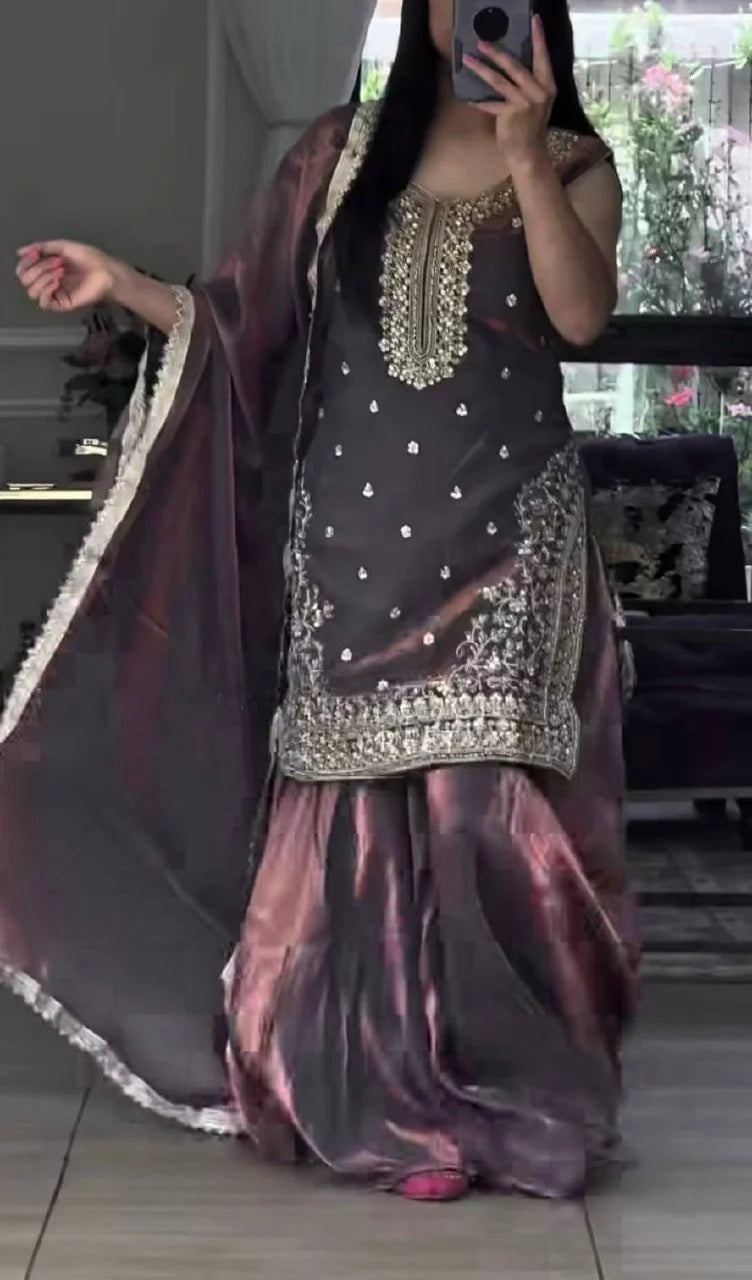 LadyVastara Luxury Embroidered Fandy Silk Sharara Suit for Engagement & Reception