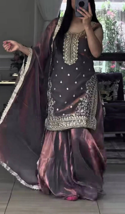 LadyVastara Luxury Embroidered Fandy Silk Sharara Suit for Engagement & Reception