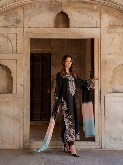 LadyVastara Women's Designer Embroidered Satin Rayon Kaftan Set with Pant & Shaded Chiffon Dupatta