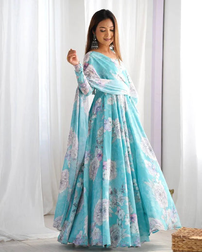 LadyVastara Designer Floral Print Fox Georgette Anarkali Gown