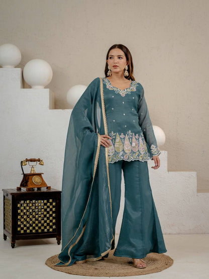 LadyVastara Heavy Crunchy Silk Embroidered Kurta Set with Palazzo & Dupatta
