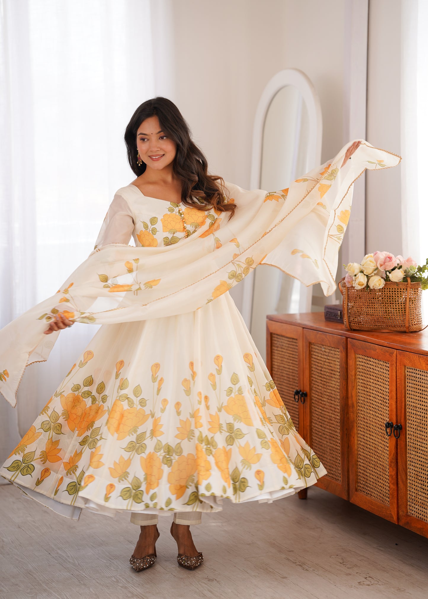 LadyVastara Women's Heavy Organza Silk Floral Print Anarkali Gown Set with Dupatt