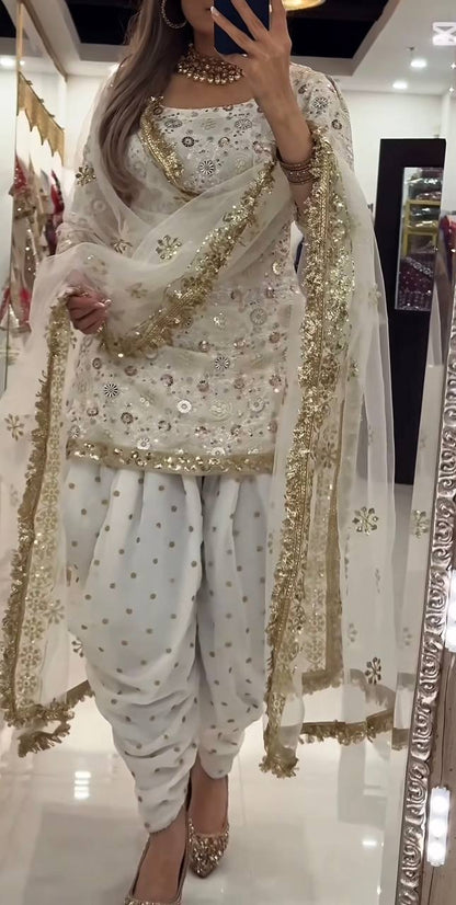 LadyVastara Elegant Faux Georgette Embroidered Top with Dhoti Salwar & Dupatta Set