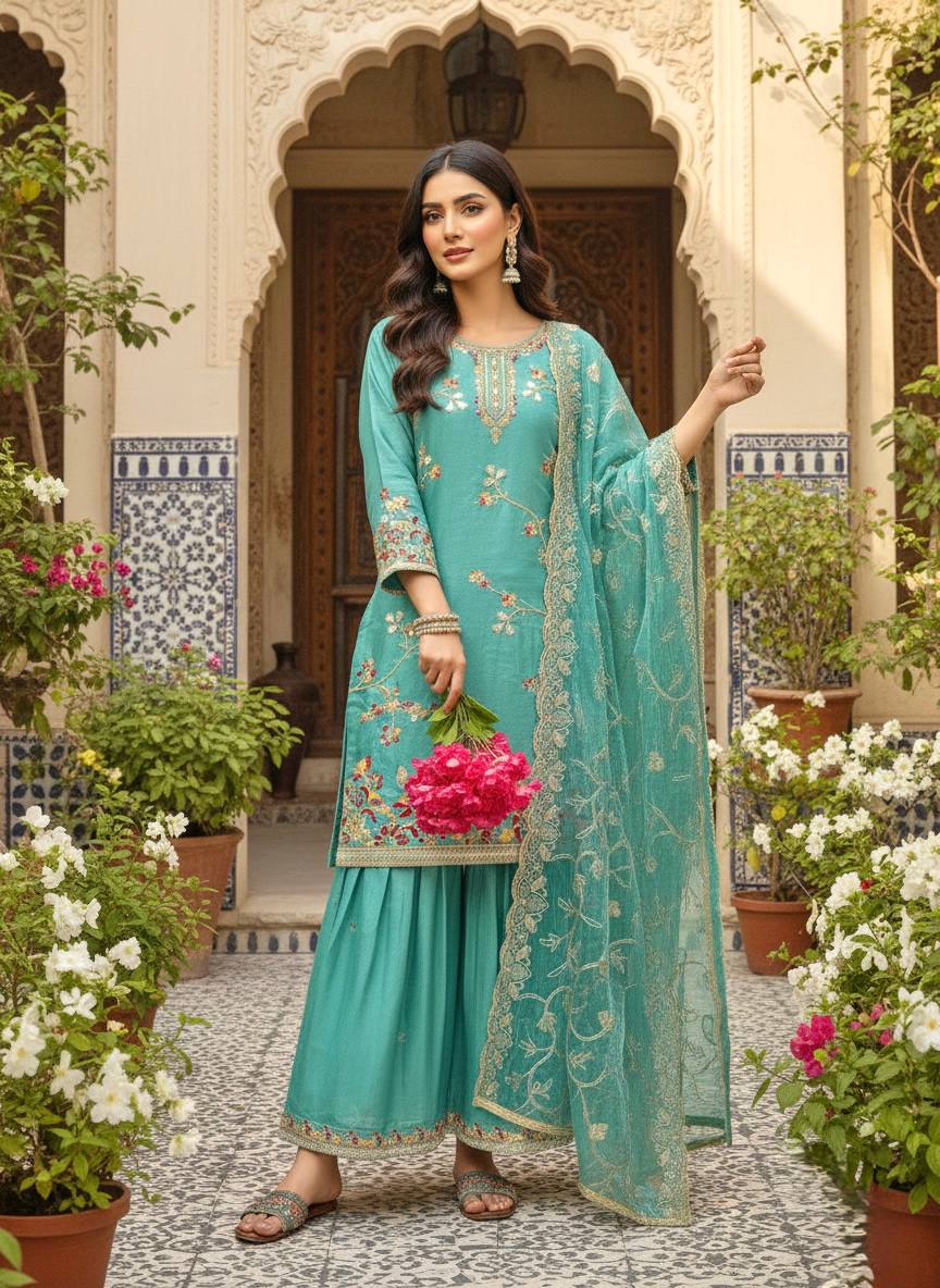 LadyVastara Elegant Pure Jimmy Silk Embroidered Palazzo Suit Set