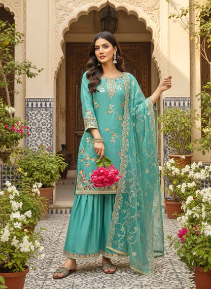 LadyVastara Elegant Pure Jimmy Silk Embroidered Palazzo Suit Set