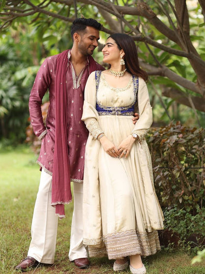 LadyVastara Festive Special Chinon Silk Kurta Pant Set with Elegant Koti