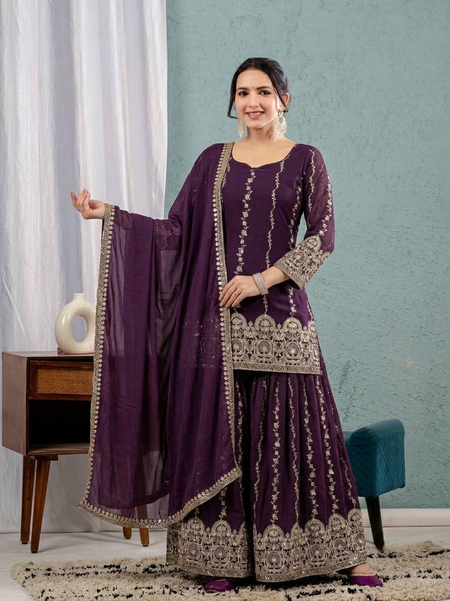 LadyVastara Premium Heavy Crunchy Silk Embroidered Sharara Suit Set for Women with Sequins Work & Dupatta