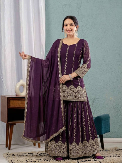 LadyVastara Premium Heavy Crunchy Silk Embroidered Sharara Suit Set for Women with Sequins Work & Dupatta