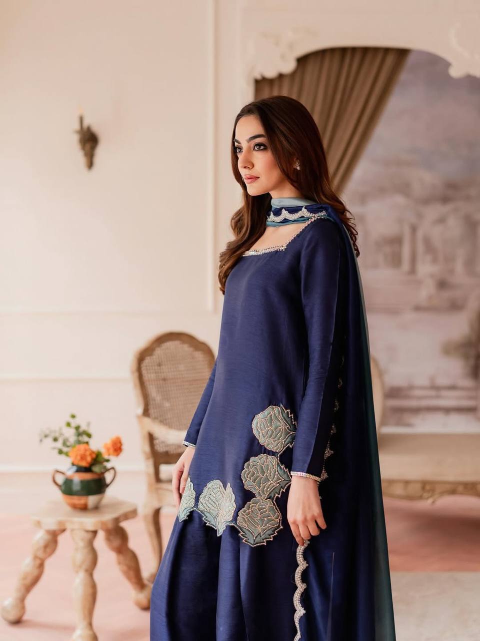 LadyVastara Stylish Crepe Silk Farshi Salwar Set with Heavy Embroidery Work
