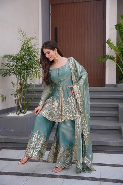 LadyVastara Designer Party Wear Two-Tone Fendy Satin Silk Gown Sharara Set with Heavy Embroidery, Real Mirror Work & Dupatta