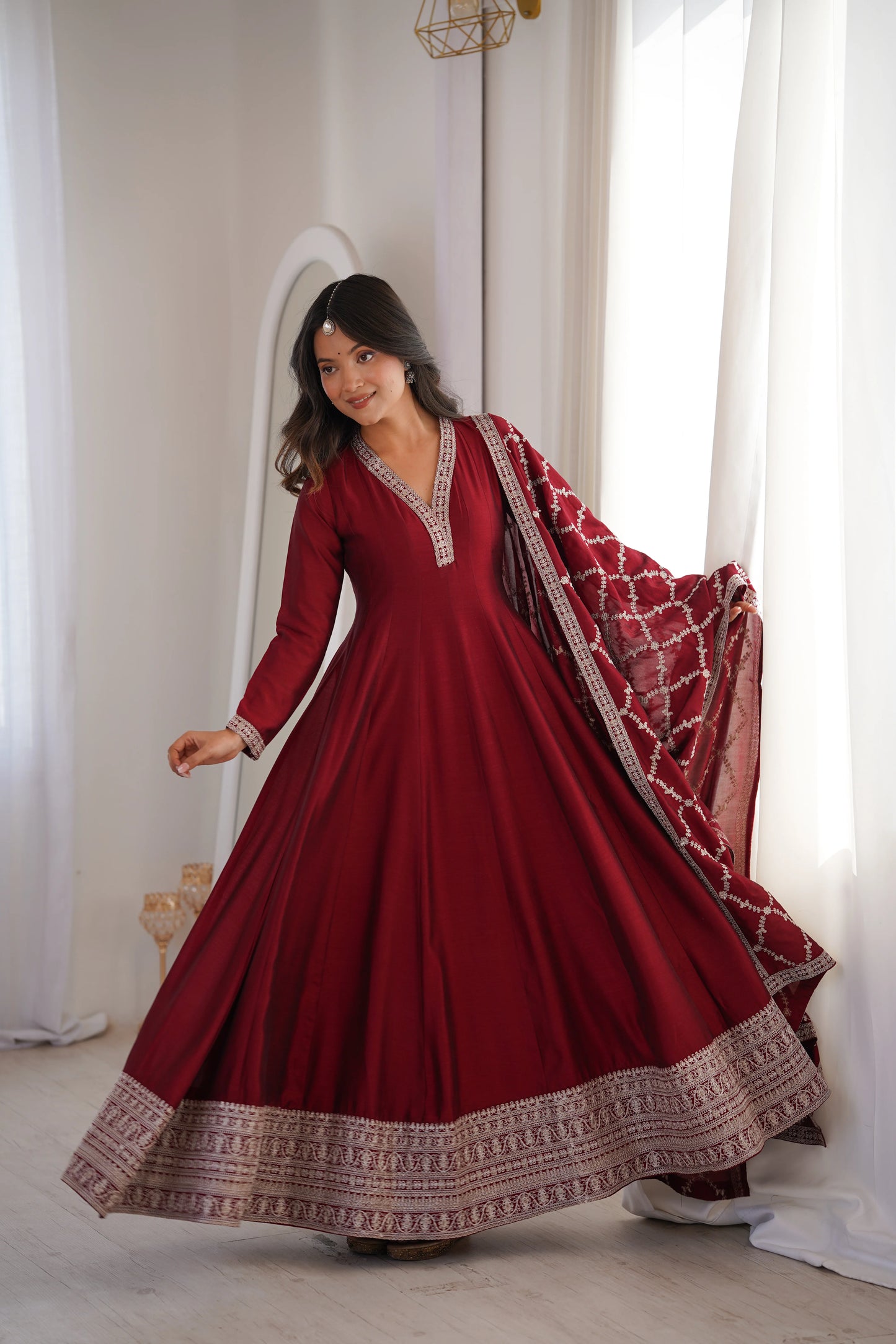LadyVastara Royal Blooming Vichitra Silk Full Kali Anarkali Gown Set