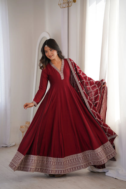 LadyVastara Royal Blooming Vichitra Silk Full Kali Anarkali Gown Set