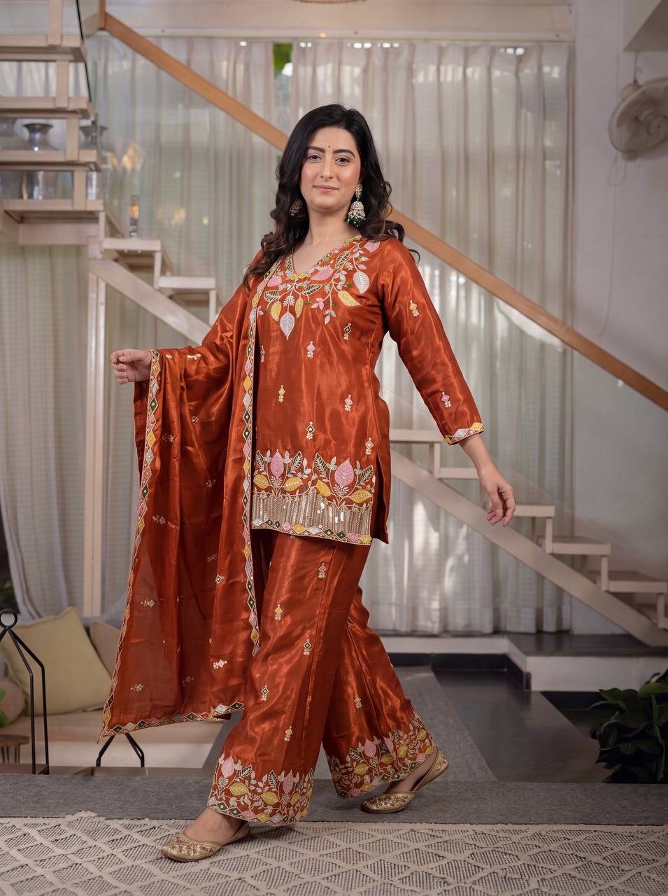 LadyVastara Premium Sindoori Satin Silk Embroidered Palazzo Suit Set for Women