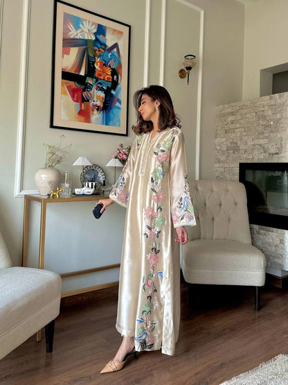 Women's Pure Roman Glass Embroidered Long Kaftan Set with Bottom & Dupatta