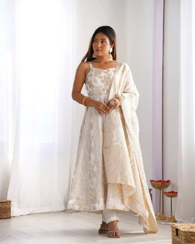 LadyVastara Royal Banarasi Jackquard Dola Silk Anarkali Gown Set
