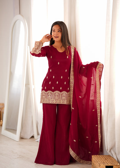 LadyVastara Designer Crunchy Silk Embroidered Kurta Bell Bottom Pant Set with Dupatta